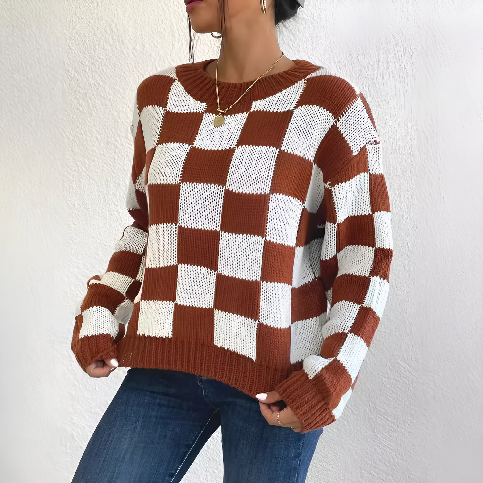Dark brown plaid pattern acrylic pullover sweater with round neck and long sleeves