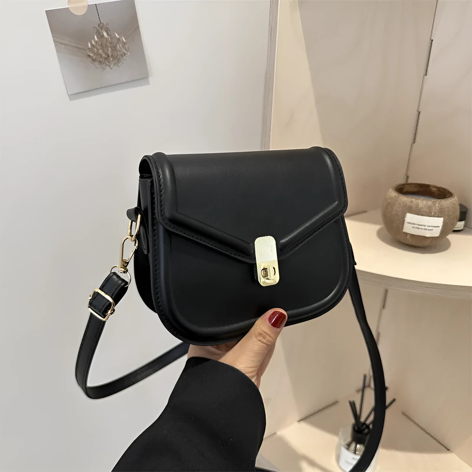 Soft PU leather clamshell messenger bag in horizontal square shape showing four colour options