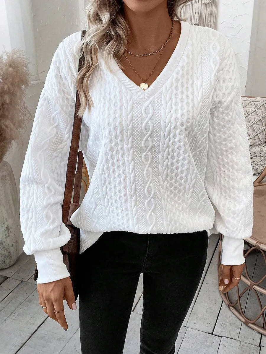 Milky white loose long sleeve t-shirt with 3D pattern, Japanese Korean casual style