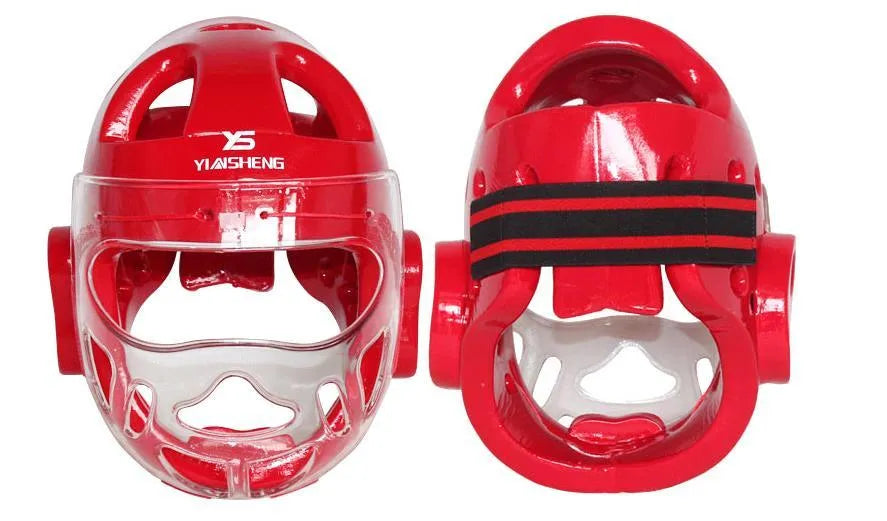 Karate boxing head protection helmet shown in white, blue, and red colour options.