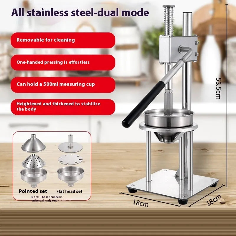 Commercial manual orange juice juicer with stainless steel construction and 480cm nylon cone