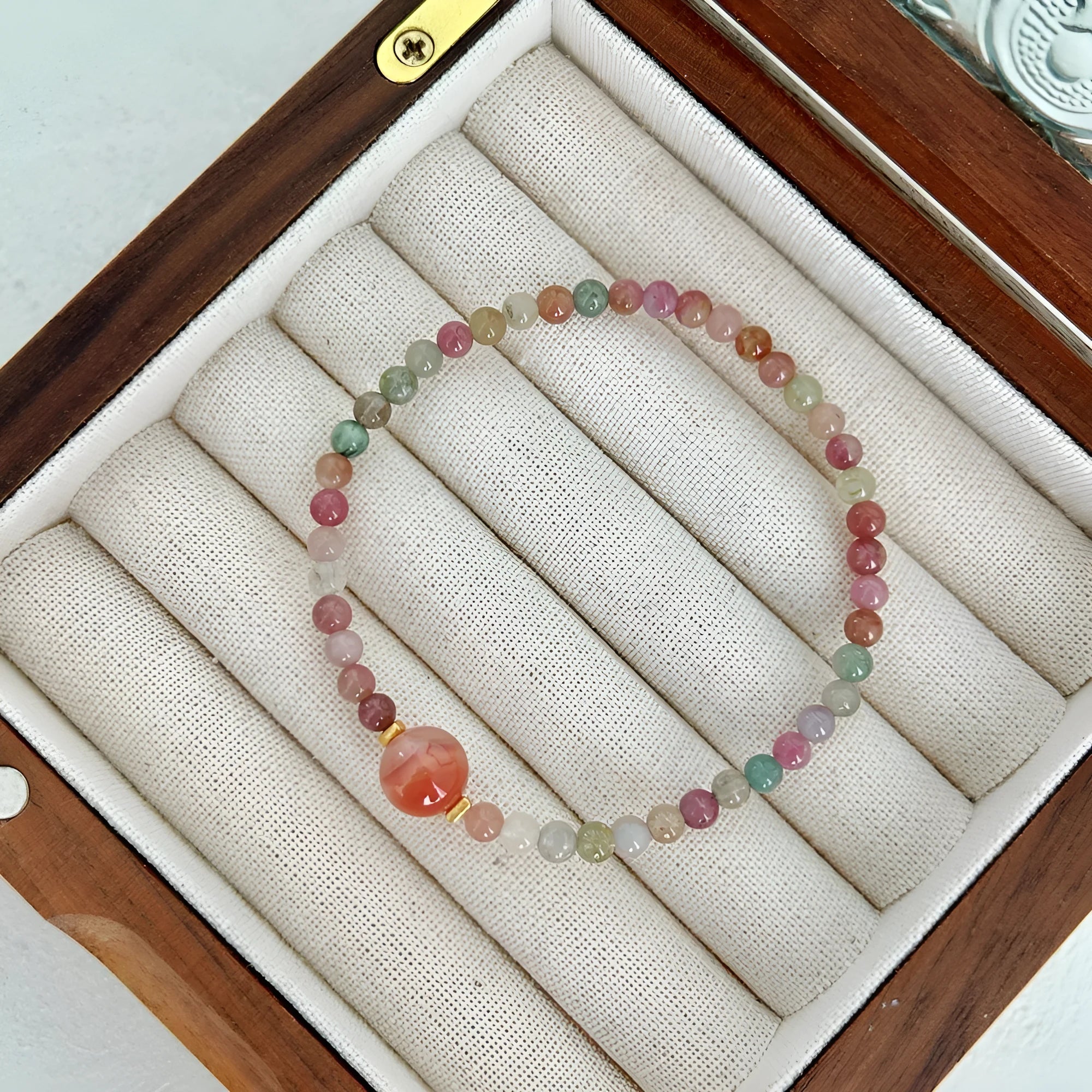 S925 sterling silver bracelet for women with natural tourmaline agate gold geometric round design