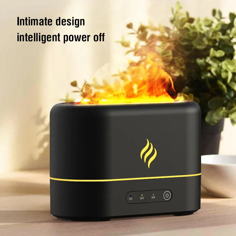 USB-powered aroma humidifier with seven-colour simulated flame effect showing black plastic finish