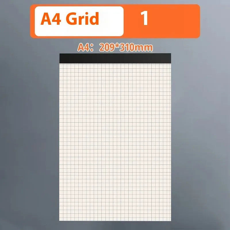 A5, B5 and A4 writing pads with blank, grid and lined page rulings.