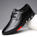 Men's black and brown business shoes with flat heels in lace-up and slip-on styles