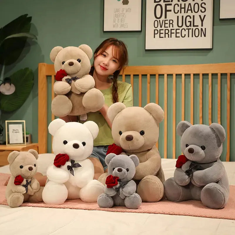 Rose bear plush teddy doll in beige, brown, or grey with soft short plush fabric