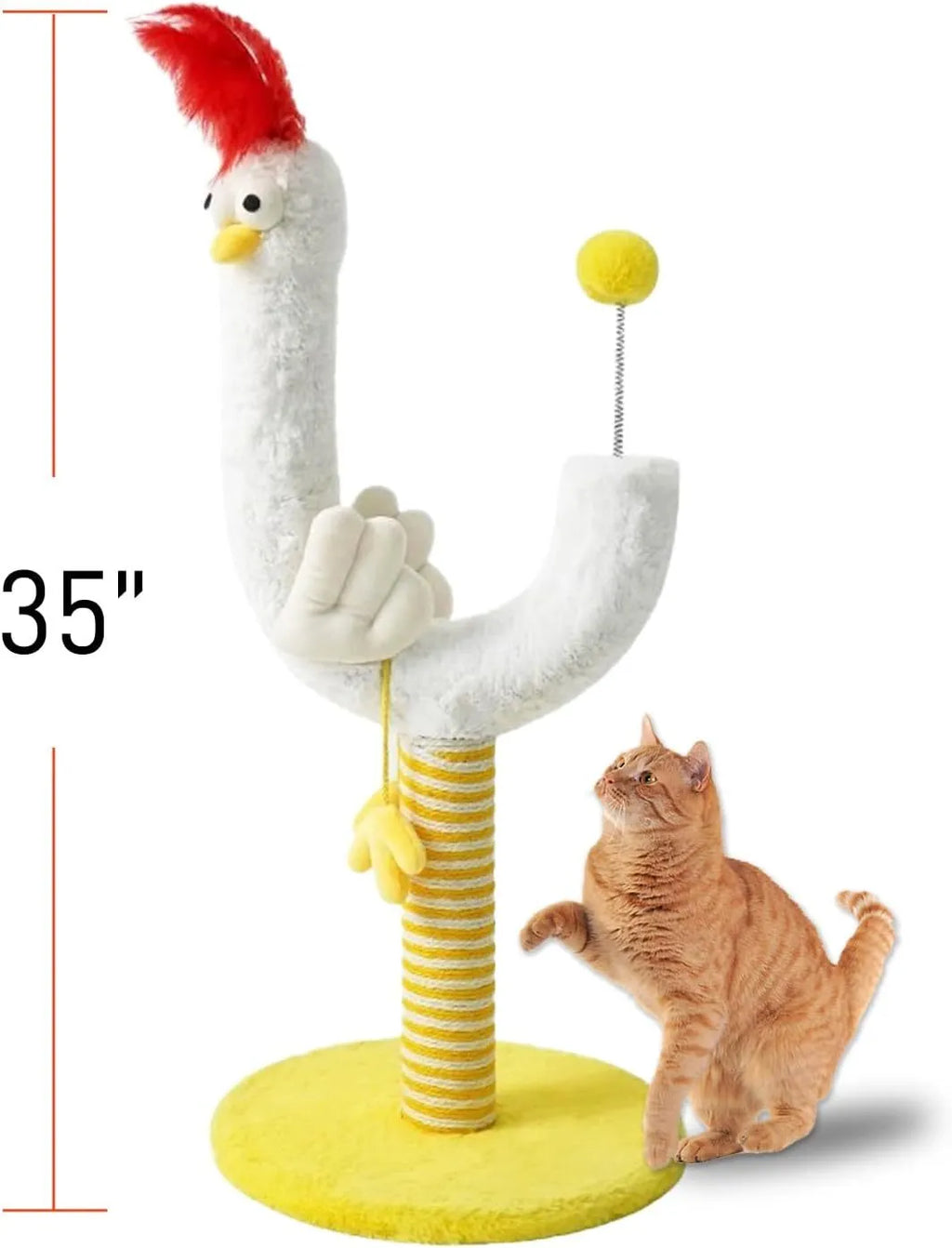 Yellow sisal cat scratching post with U-shaped design, spring ball toy, and solid wood construction