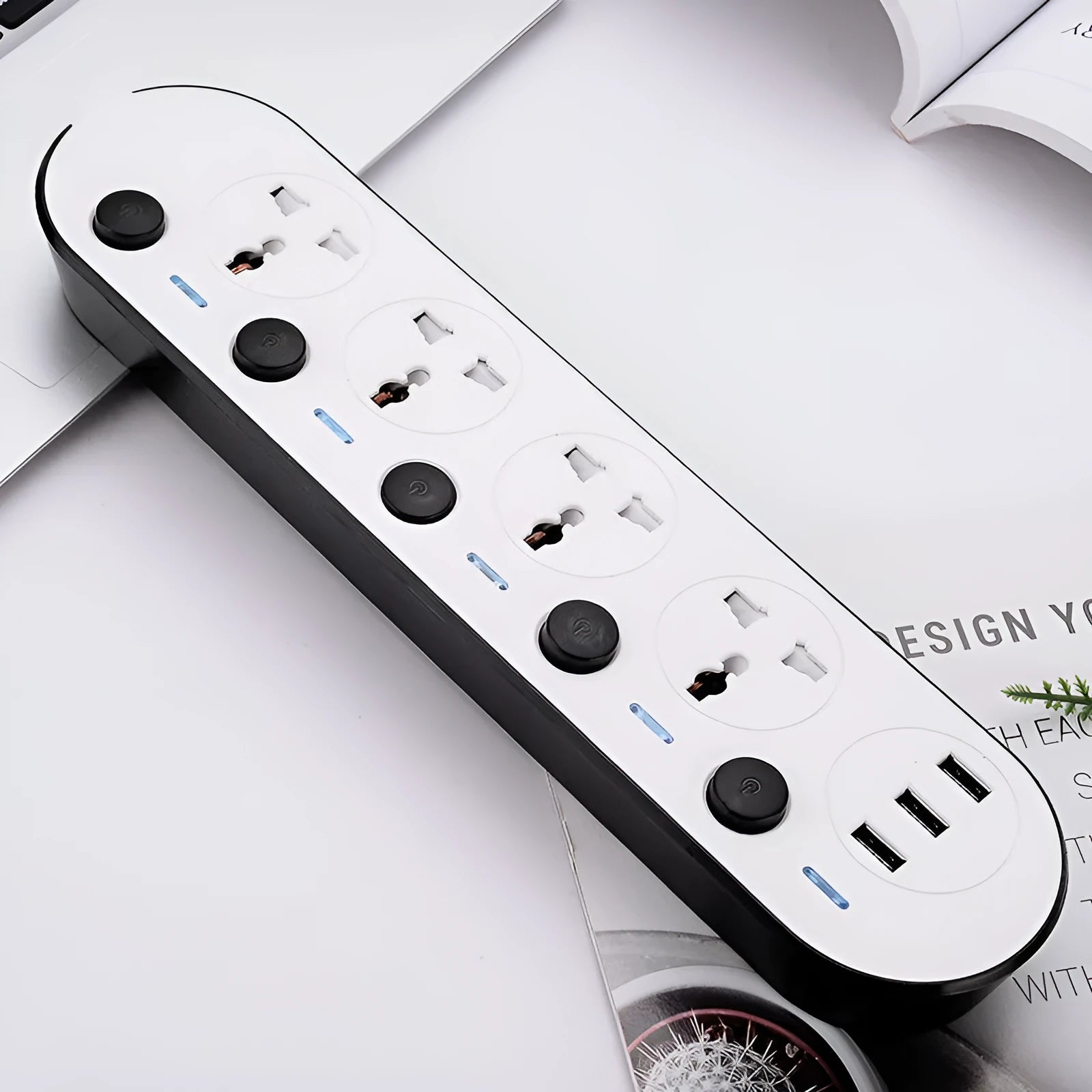 Multi-switch power strip with USB ports showing British, European and American plug formats