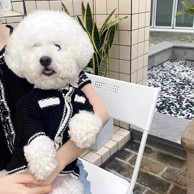 Korean style dog sweater with pearl collar in black or white colour options