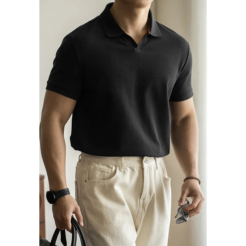 American-style blue cotton polo shirt with short sleeves on hanger