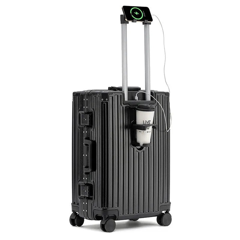 Aluminium frame ABS PC trolley case in avocado green with universal wheels and a USB port.