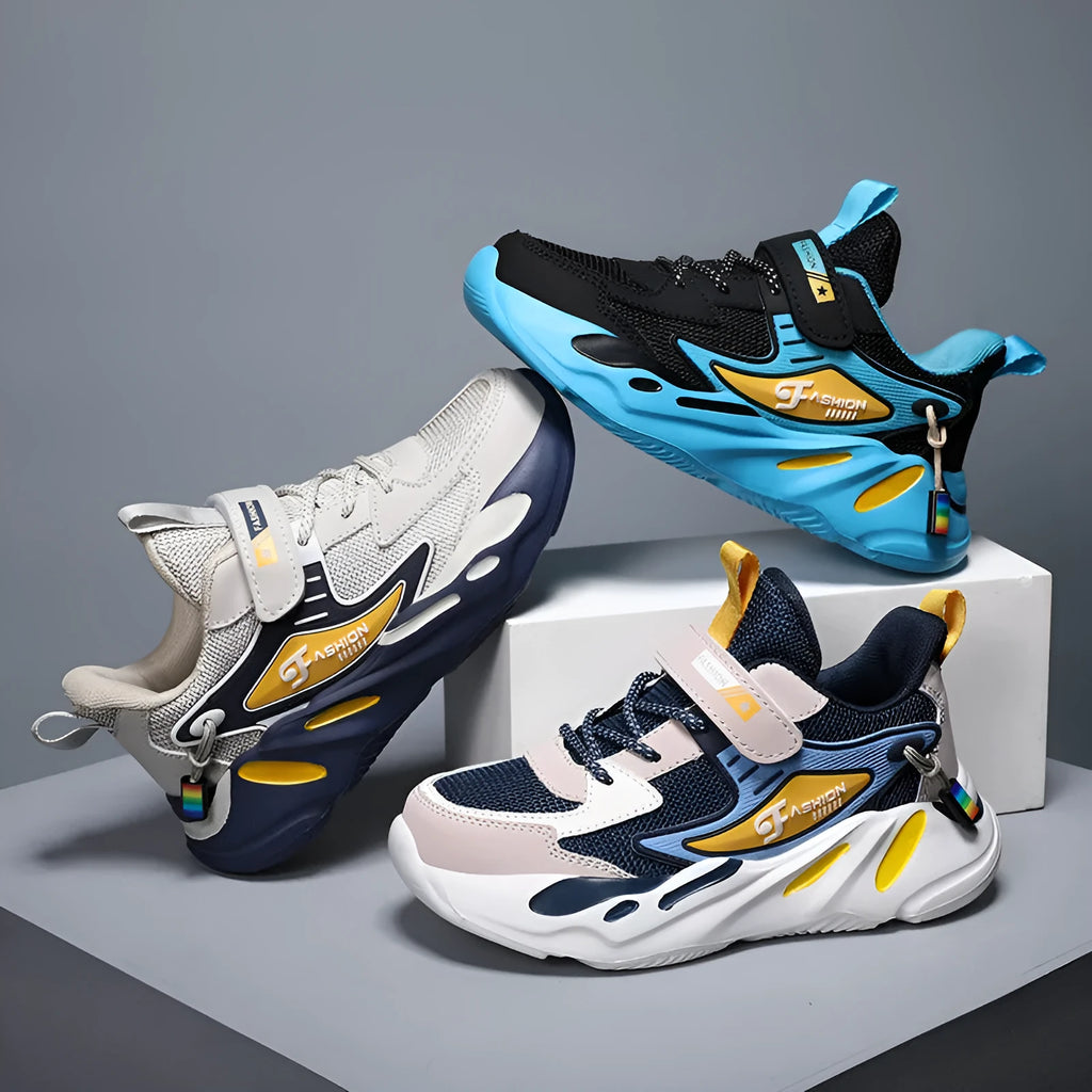 Boy's dark blue and black Velcro-fastened platform sports running shoes with breathable mesh upper.