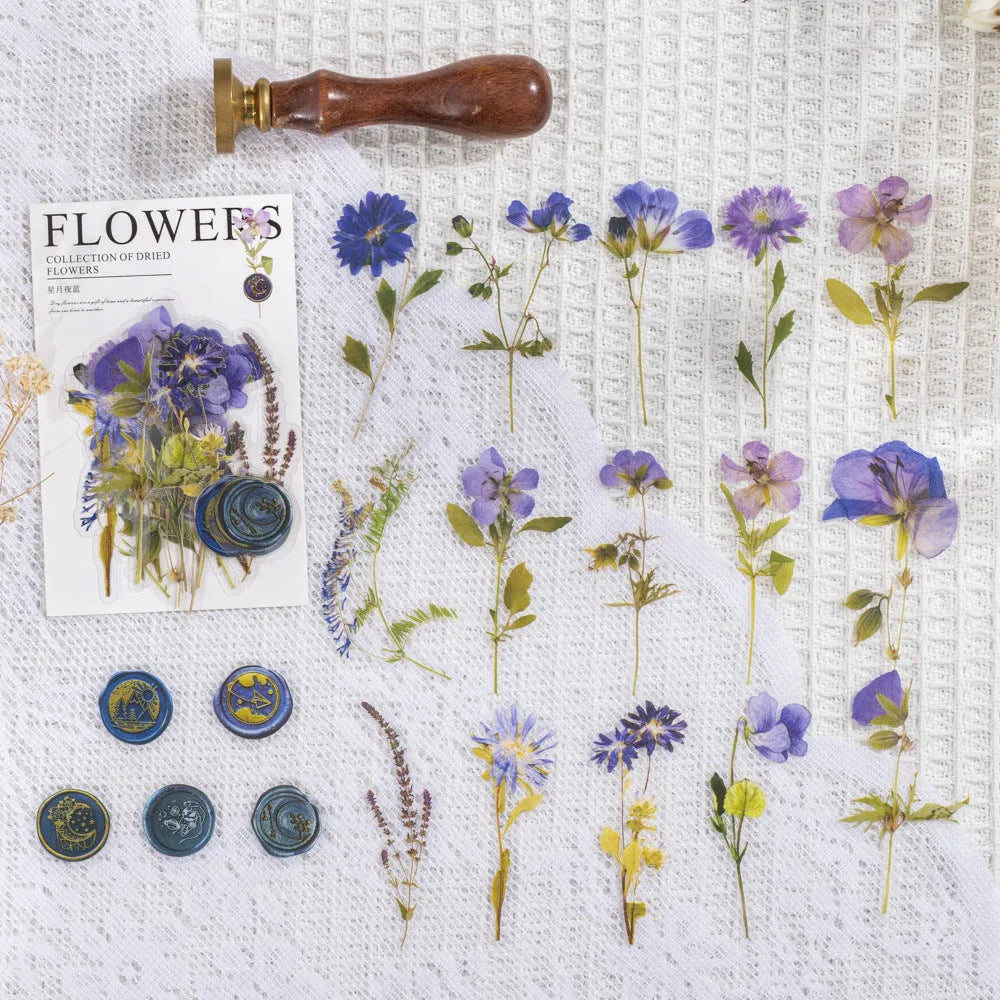 Set of dried flower journal decoration stickers in 8 styles including Dark Night Purple and rose nebula designs