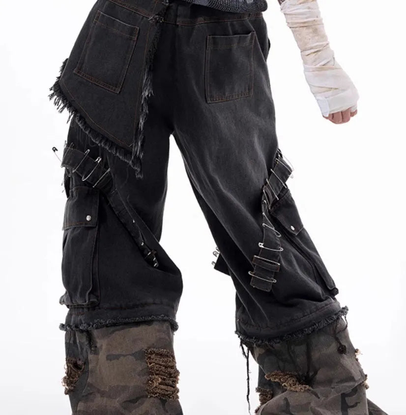 Men's grey and camouflage cotton jeans with splicing panel design and pin ribbon details.