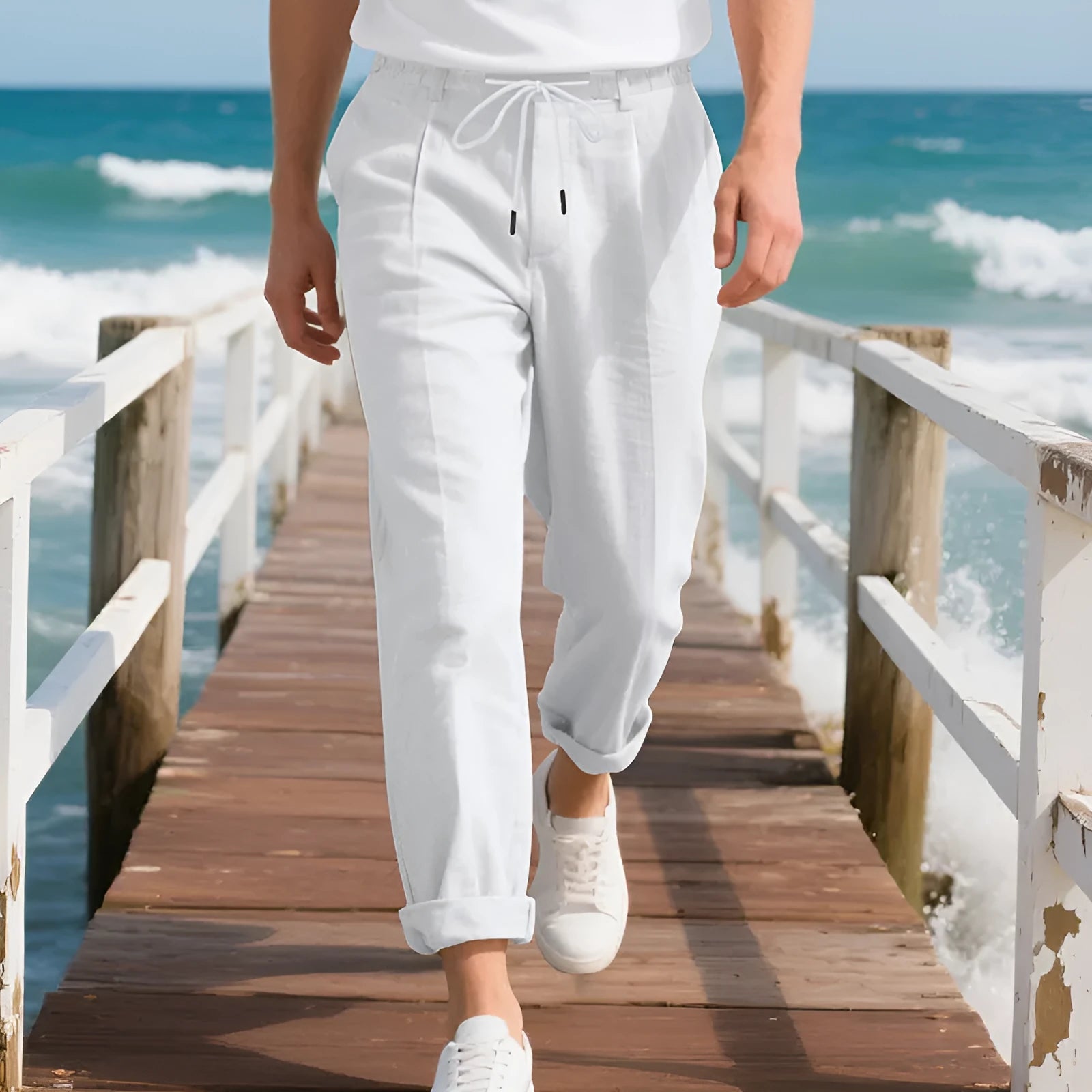 Men's light beige linen casual trousers with drawstring waist and straight-leg fit on a hanger.