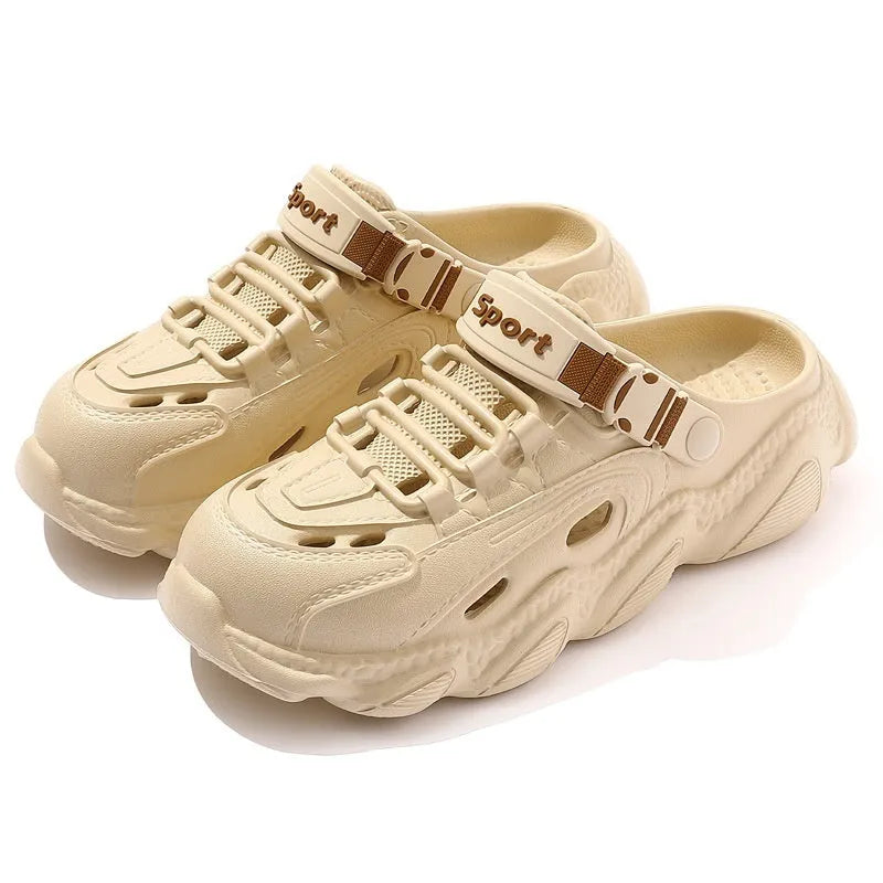 Men's khaki outdoor slippers with hollow-out design and textured EVA sole.
