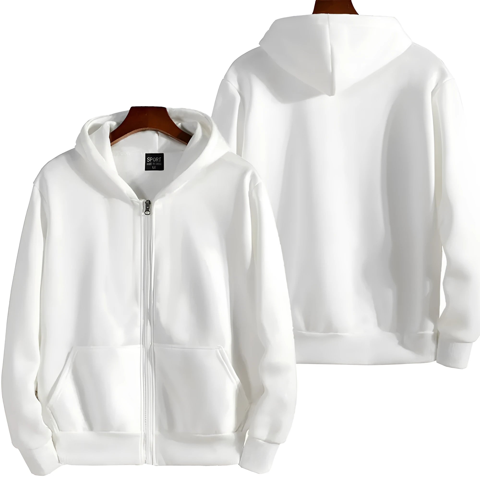 Men's solid colour loose fit zip-up sports jacket on a hanger