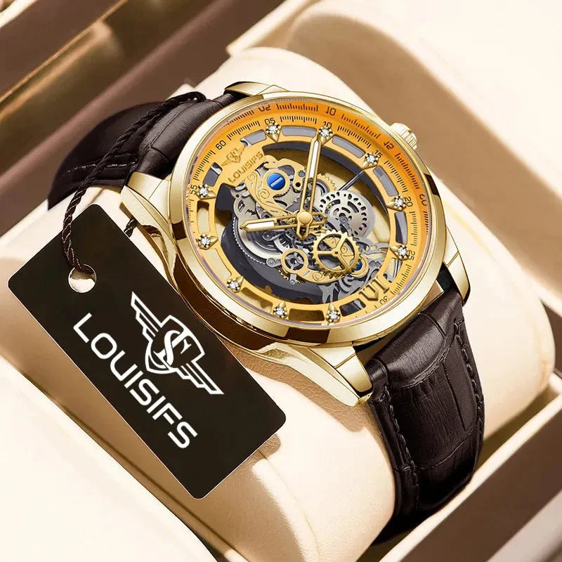 Swiss quartz men's business watch with hollow case in gold or silver with brown or black strap