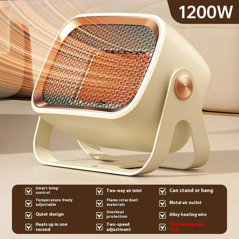 Compact white PTC ceramic desktop heater with oscillation function and push-button controls.
