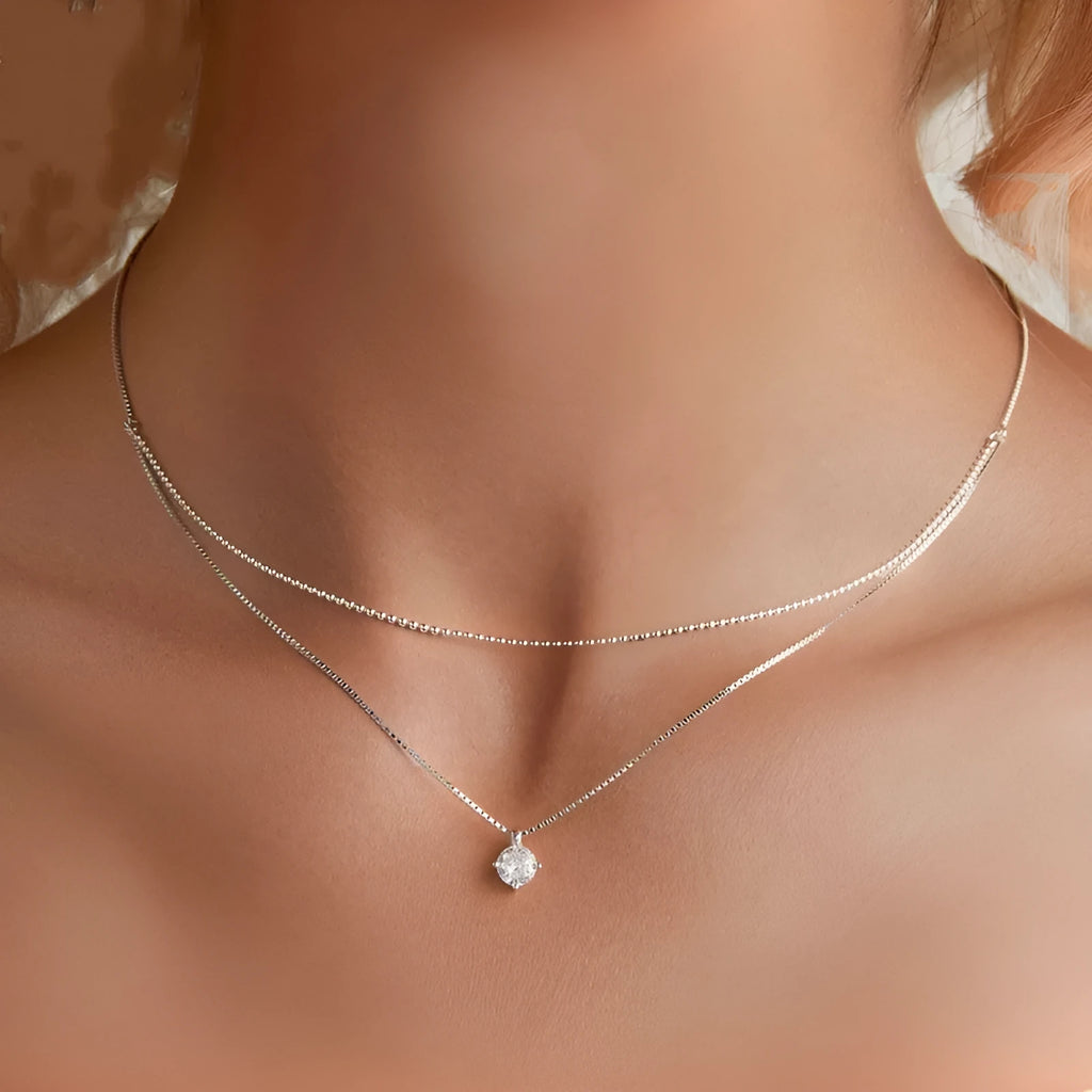 Silver double-layer necklace with pearl chain texture and pendant on S925 sterling silver