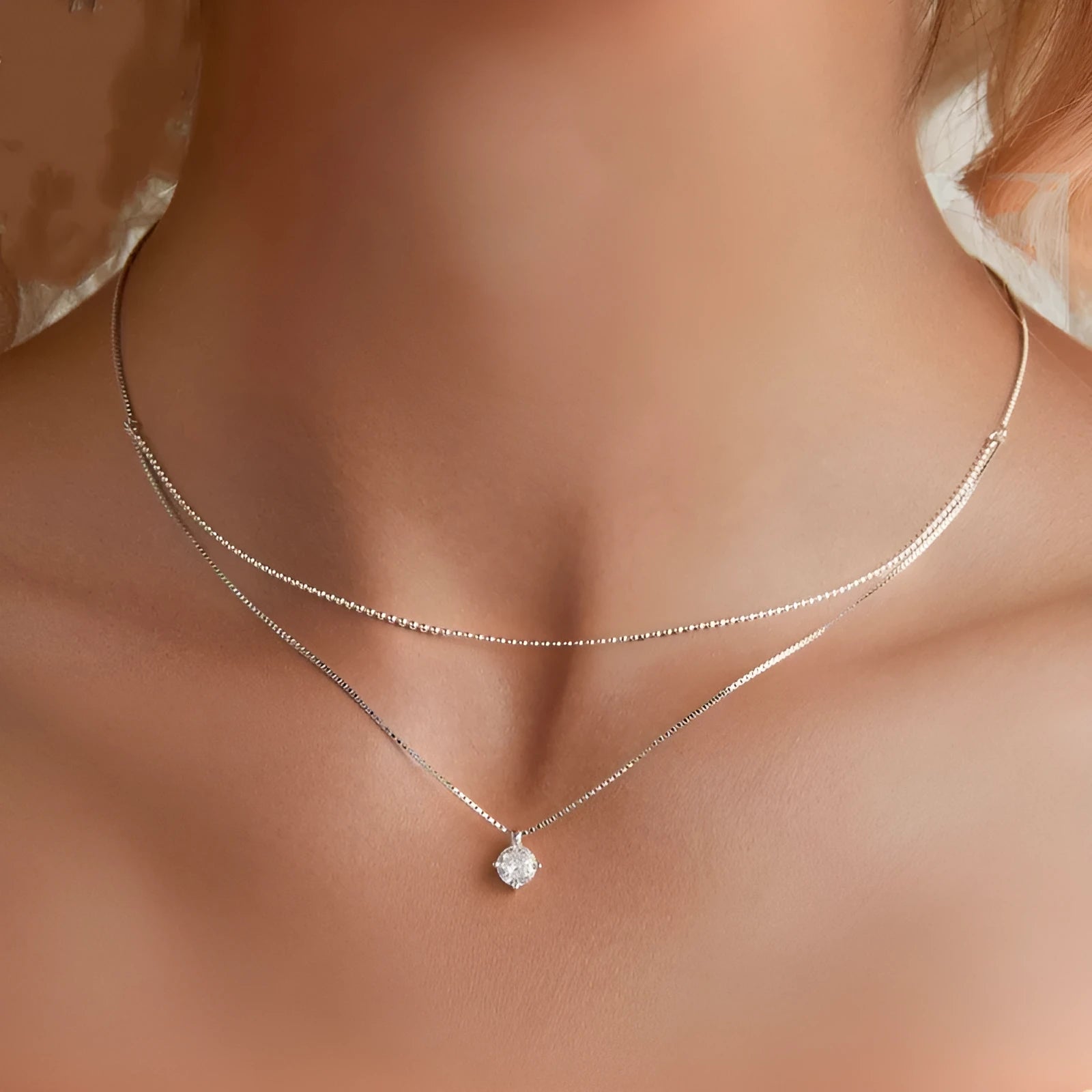 Silver double-layer necklace with pearl chain texture and pendant on S925 sterling silver