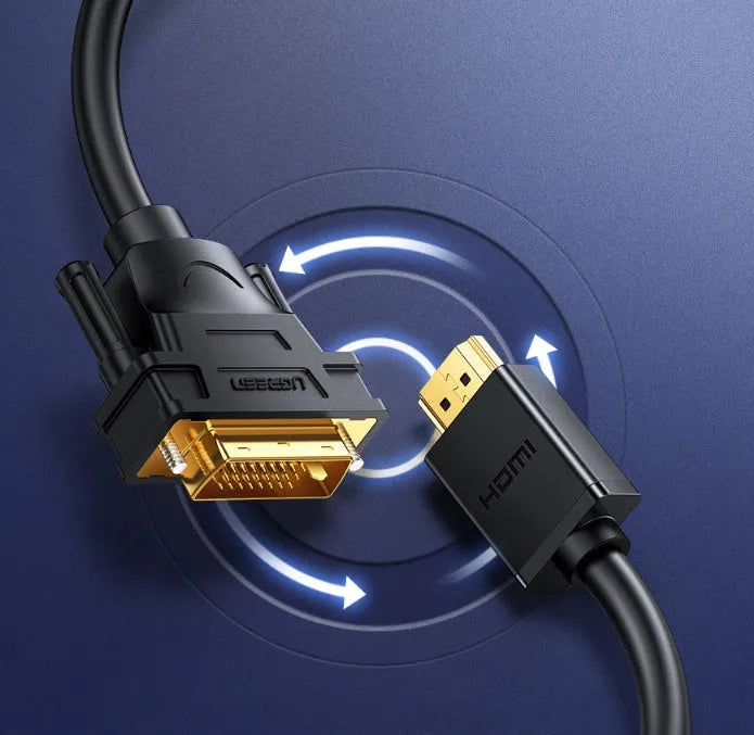 USB to HDMI adapter cable on a desk next to a laptop, showing the green packaging and different length options