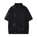 Solid colour hollow high sense short-sleeved knitting polo shirt in loose cardigan style