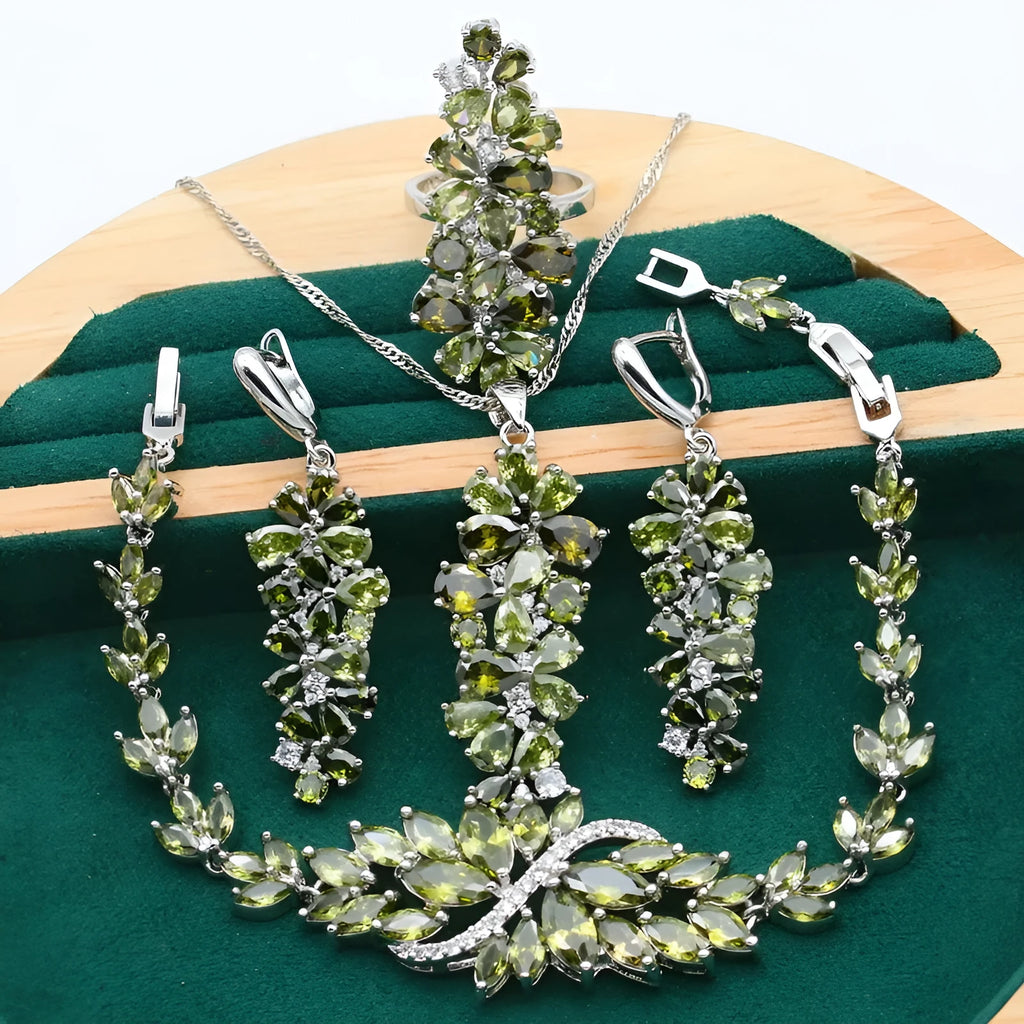 Retro botanical jewellery set with plants pattern in alloy and copper with zircon stones