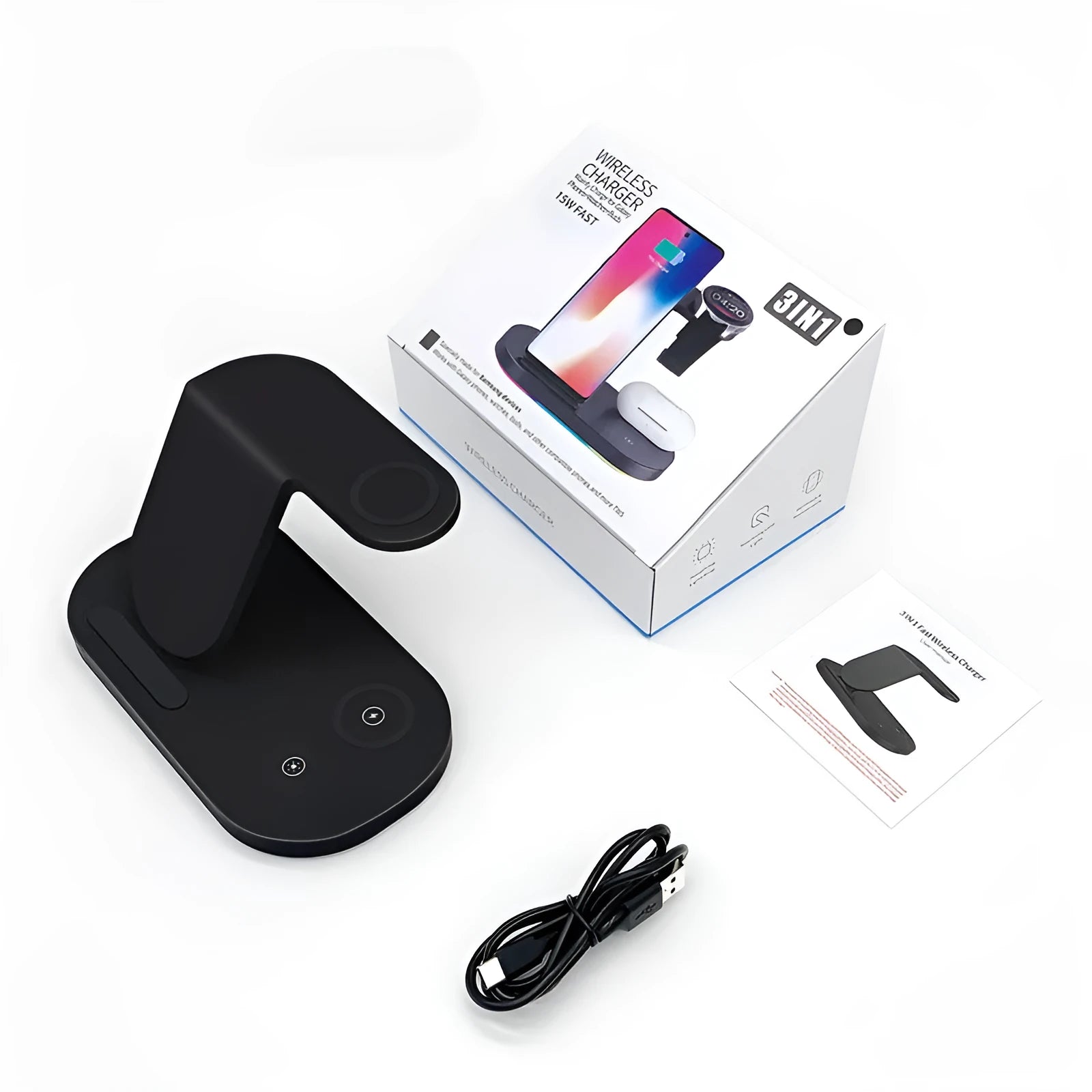 Three-in-one fast wireless charger in ice crystal white, ABS material, 174.2x113.5x100.5mm