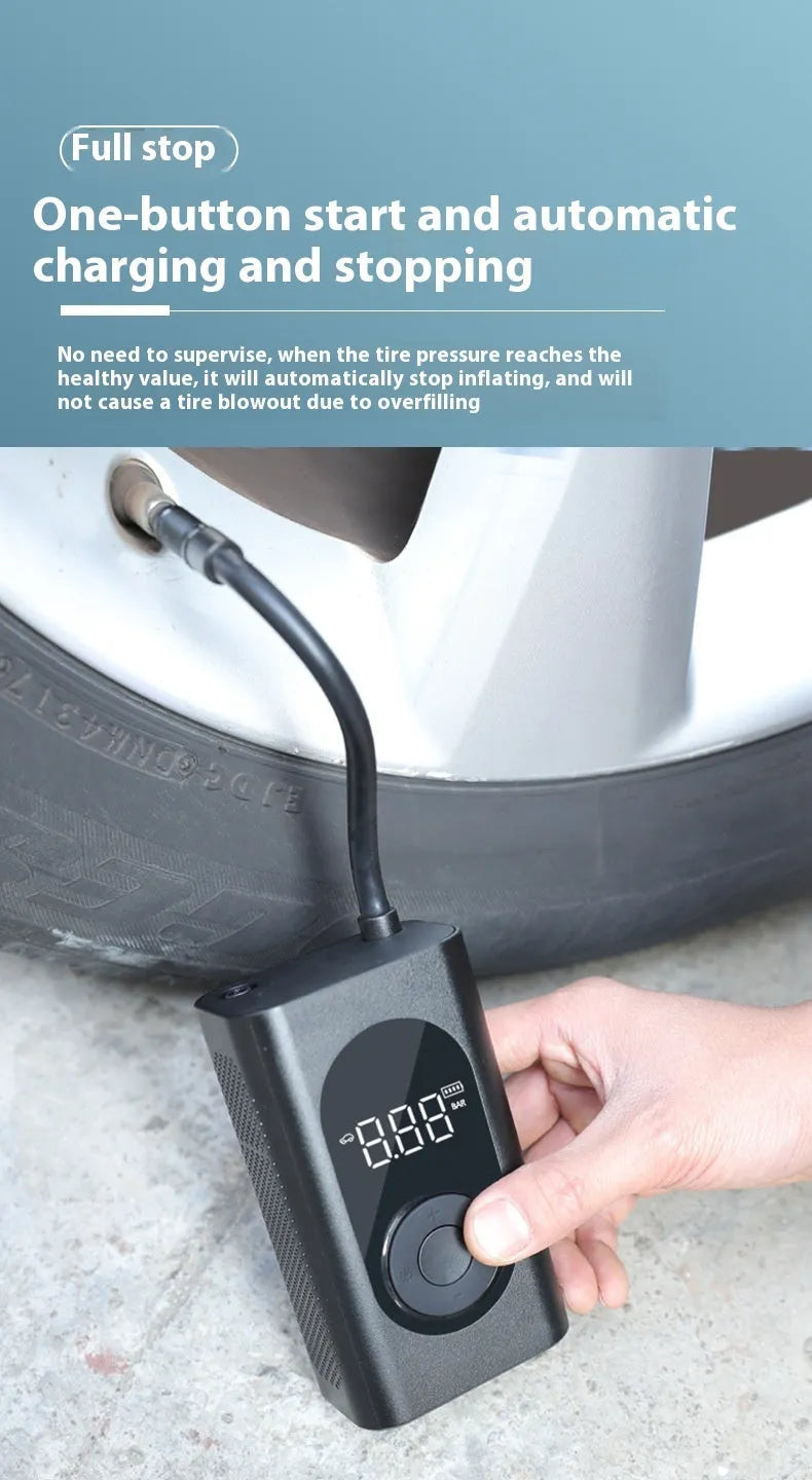 Mini wireless handheld air pump with power bank and flashlight for car and bike tyre inflation