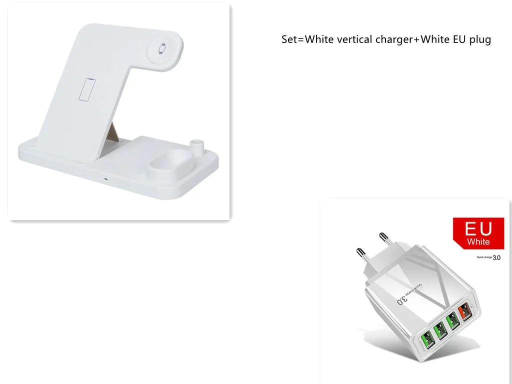 4-in-1 wireless charging station showing iPhone, Apple Watch, AirPods and Apple Pencil charging simultaneously on adjustable stand