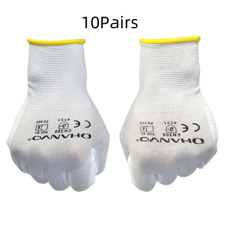 White PU coated labour gloves showing textured palm and flexible design, laid flat.