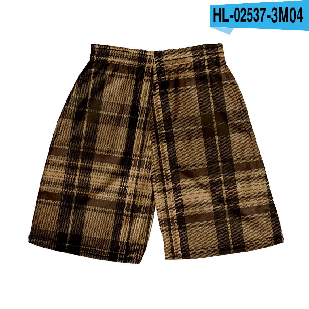 Men's straight cut plaid shorts in polyester fabric with elastic waistband