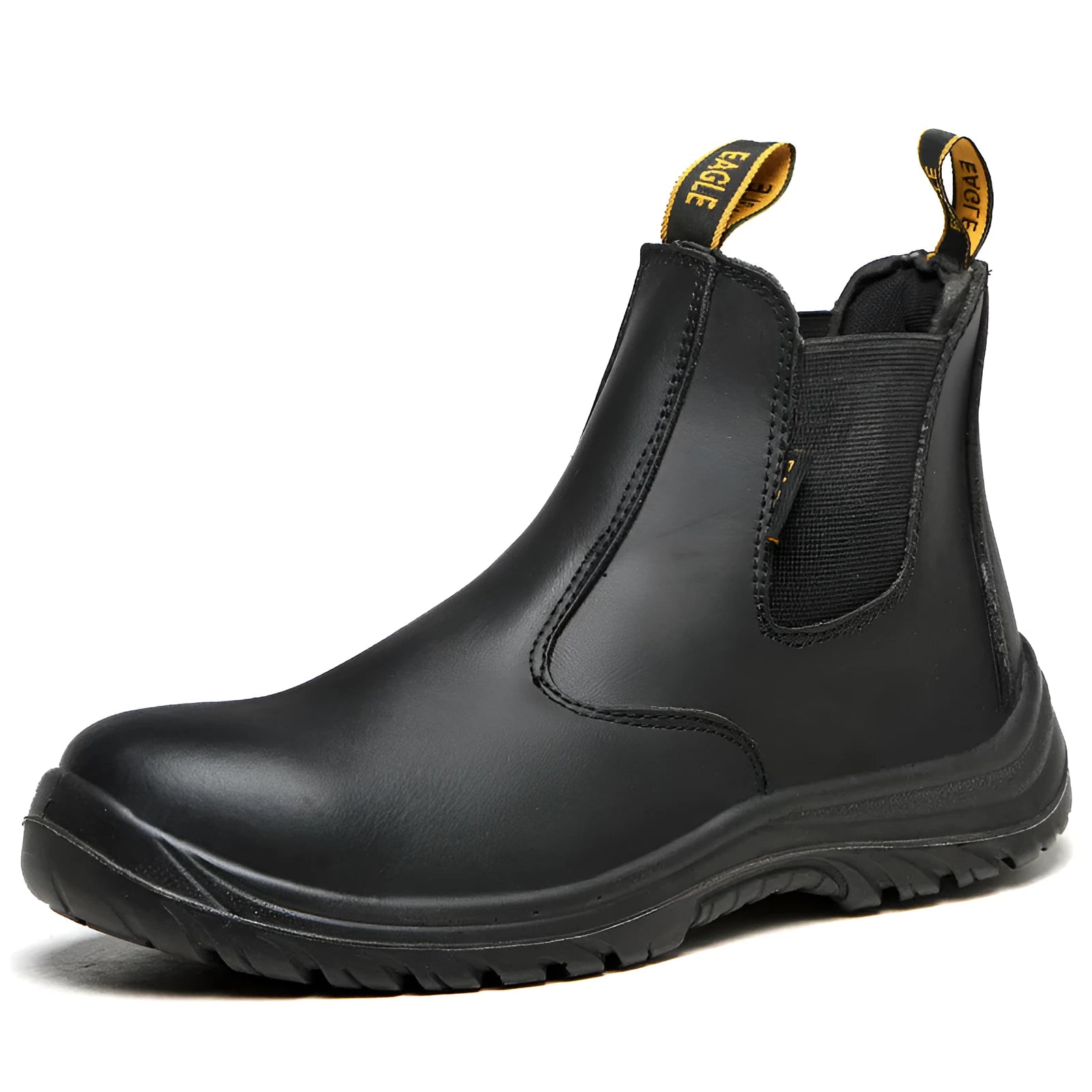 Black leather safety work boots with high-top design and anti-piercing sole protection