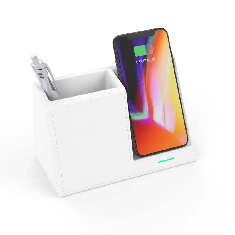 Leather wireless charging station with pen holder organiser for desk phone charging