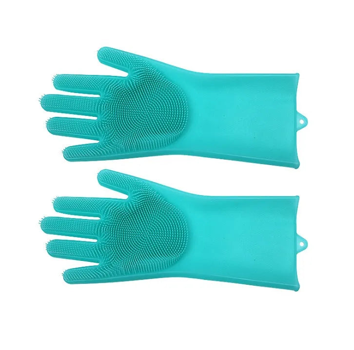 Silicone cleaning gloves with textured scrubbing surface in assorted colours