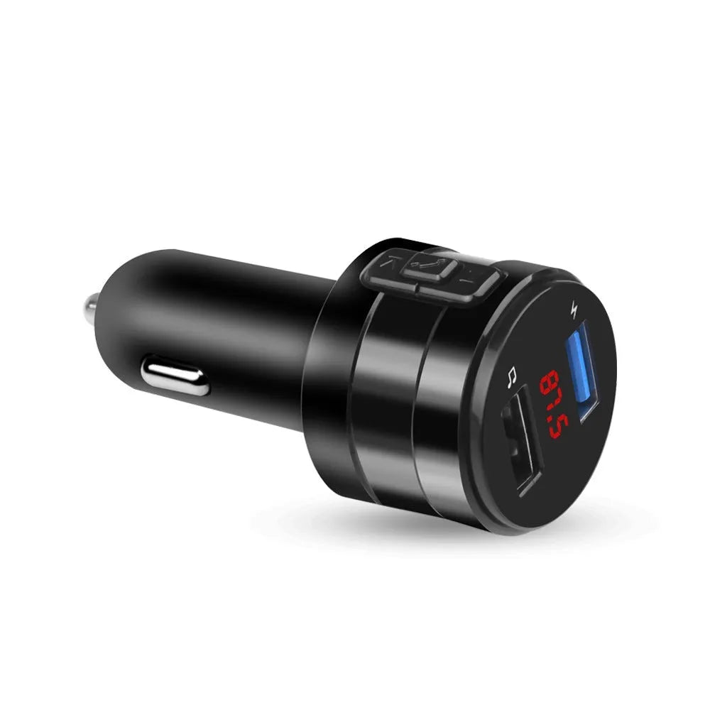 Car Bluetooth hands-free FM transmitter black with 1.2-inch monochrome screen and USB TF interfaces for MP3 playback