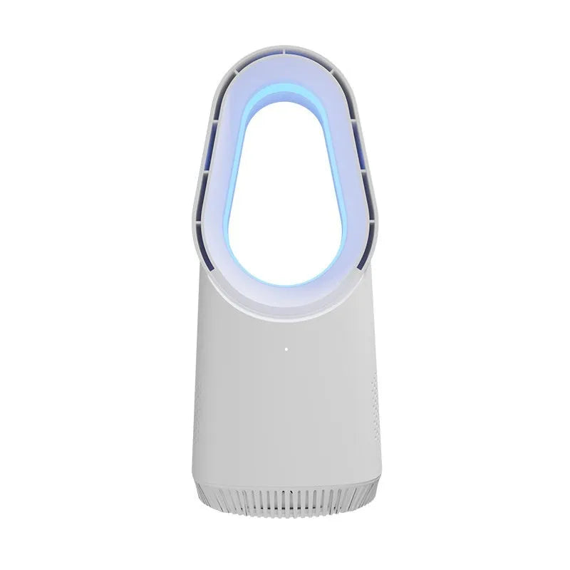 White bladeless tower fan with touch screen controls and remote control