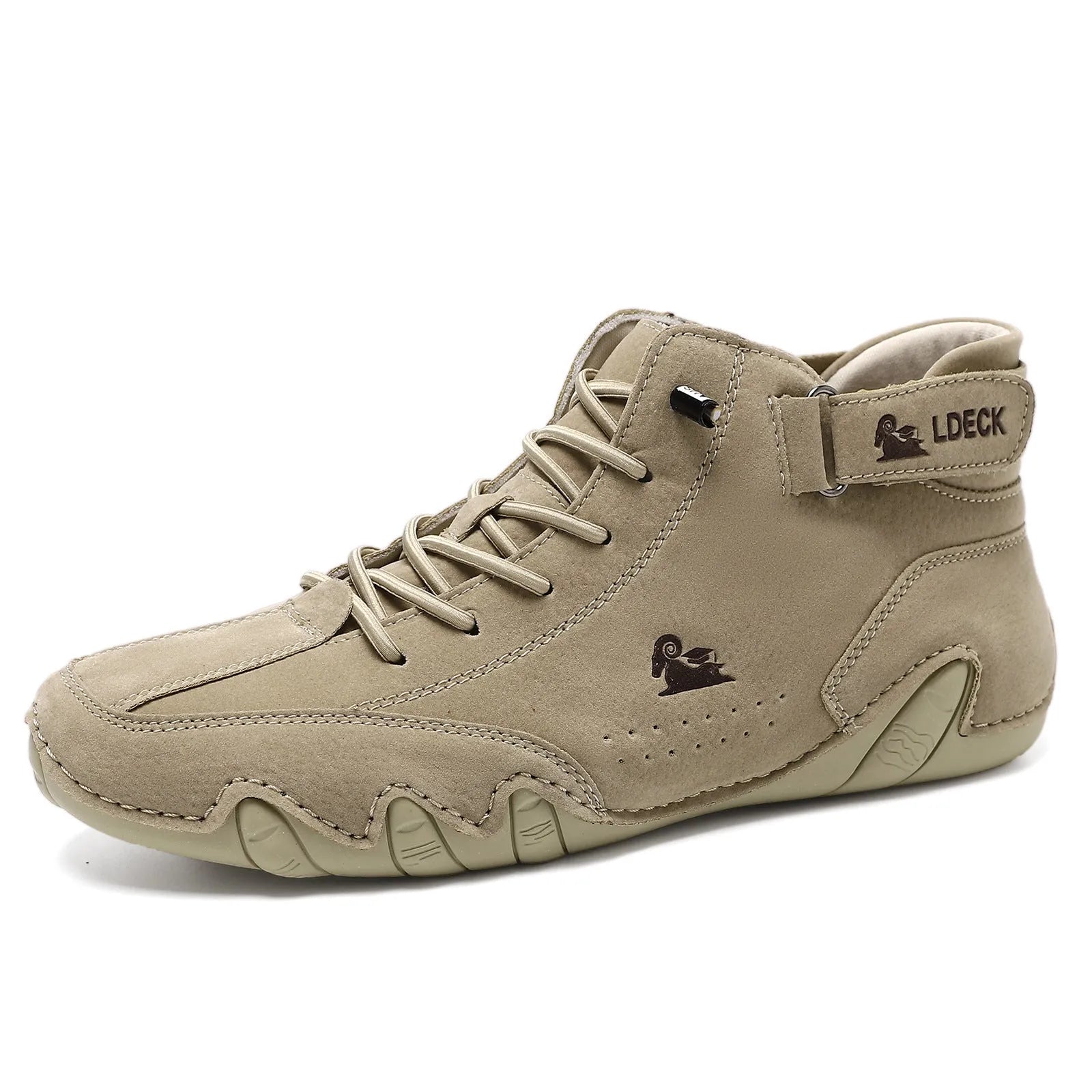 Men's khaki Octopus high top boots with microfiber upper, rubber sole, and pigskin boot tube on a white background.