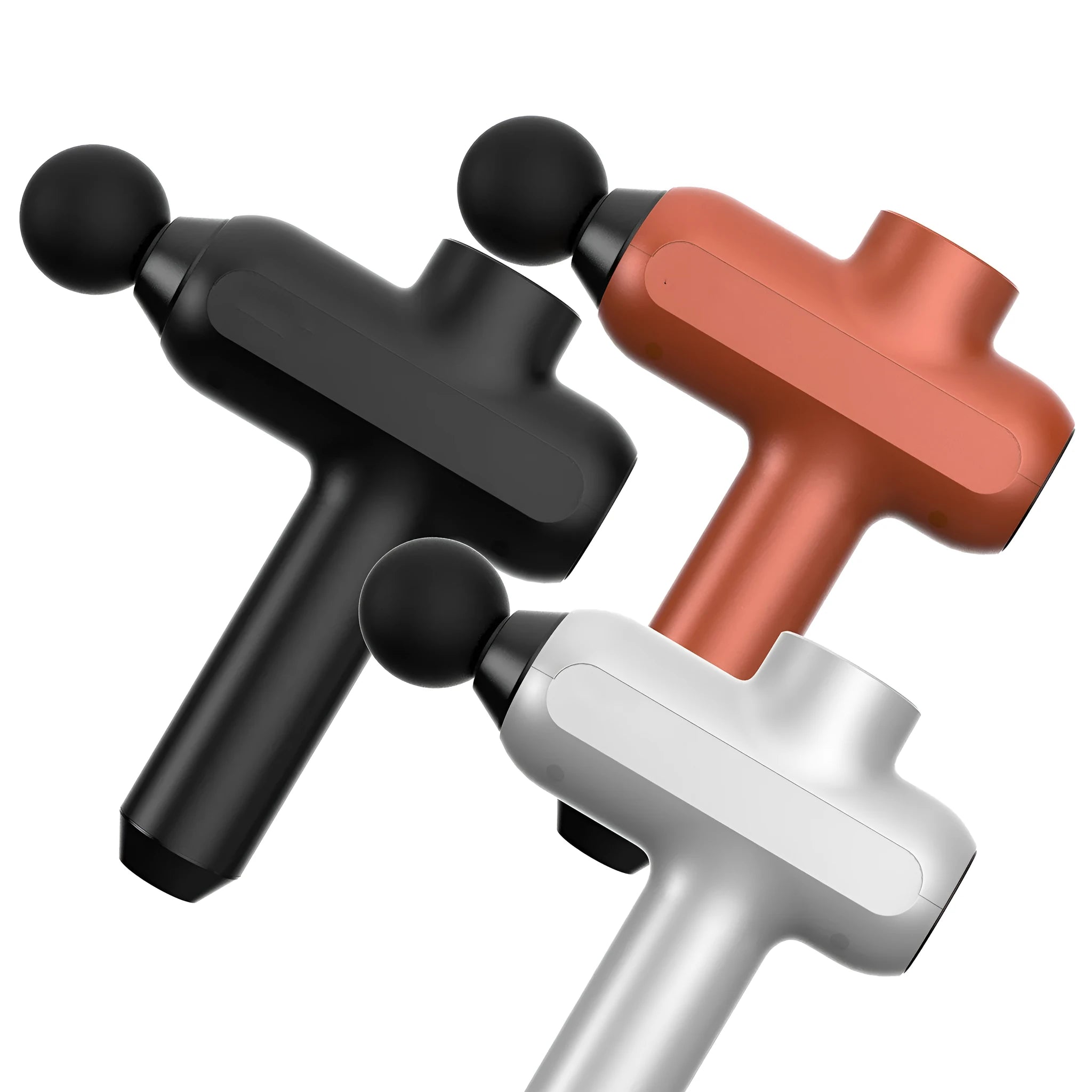 Deep tissue massage gun with six interchangeable heads showing compact 25x20x6cm design