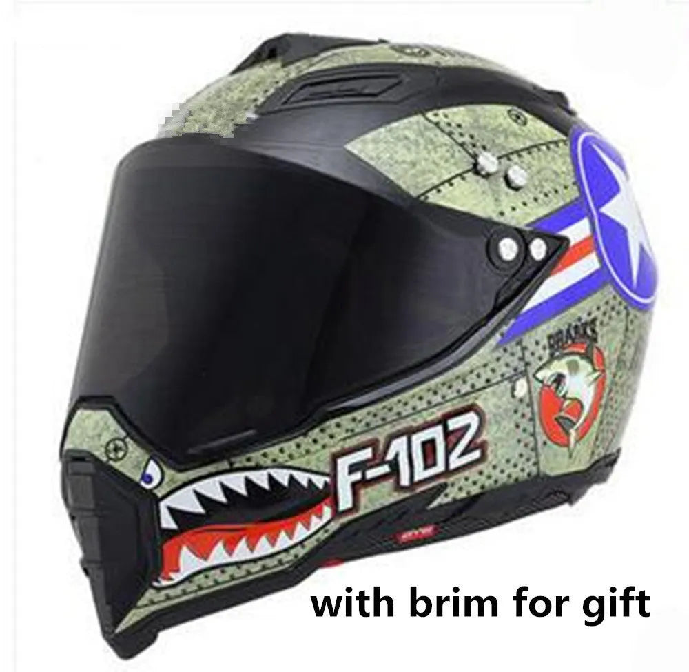 Dual-use full face motorcycle helmet in ABS material, side view showing full face shell and rally-style design