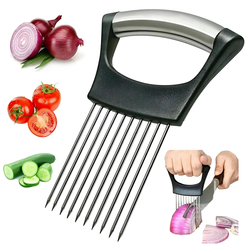 Stainless steel and ABS kitchen food slicer and onion holder on a work surface