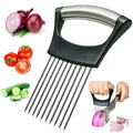 Stainless steel and ABS kitchen food slicer and onion holder on a work surface