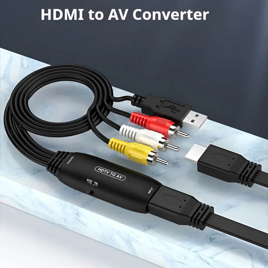 HDMI to AV converter cable with 110cm length and two adapter styles