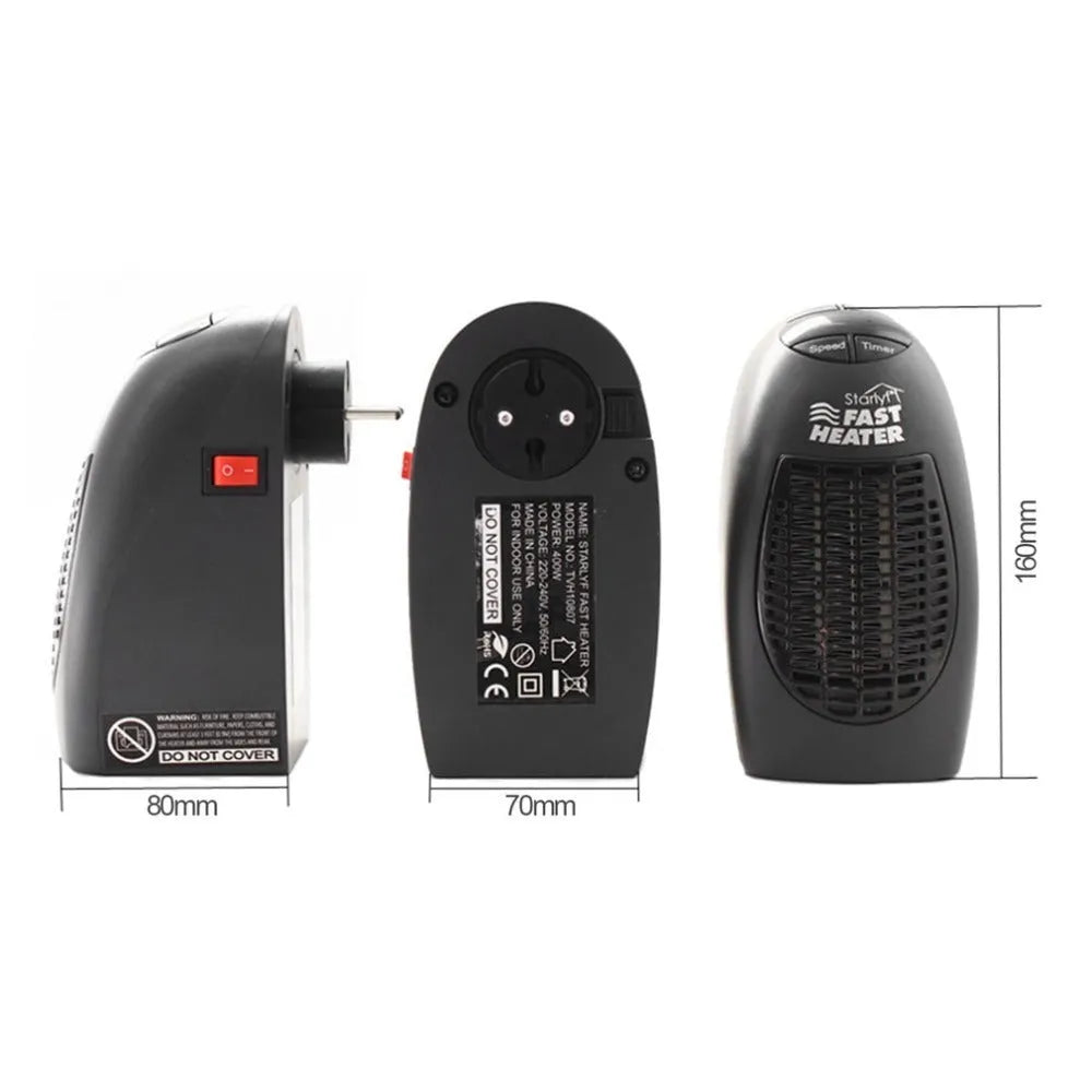 Black compact mini electric heater with digital display and a rotating three-prong plug