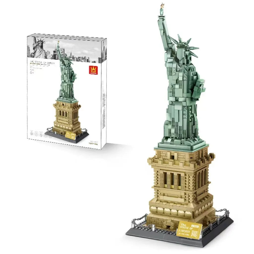 Wange building block set showing over 800 small ABS plastic pieces for constructing global landmark models.