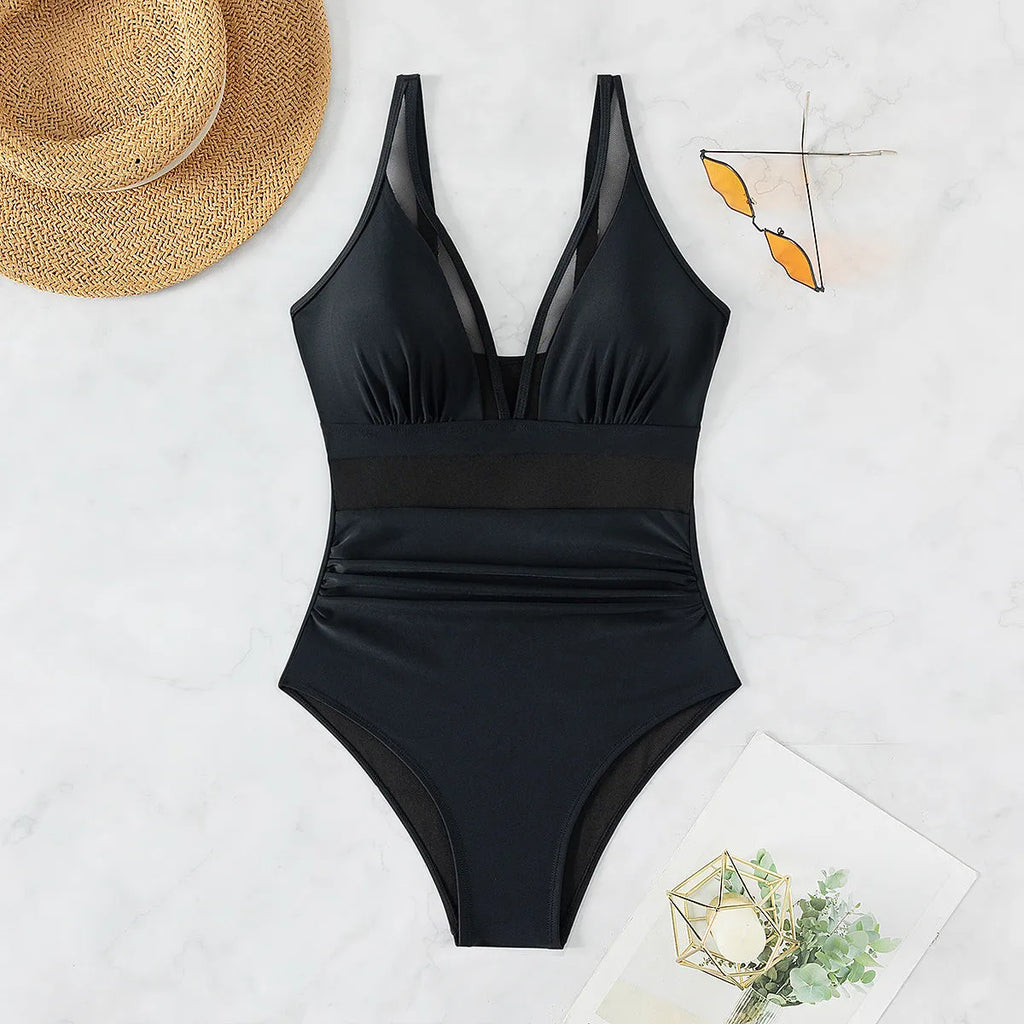 Black mesh halter one-piece swimsuit for women with brief style cut