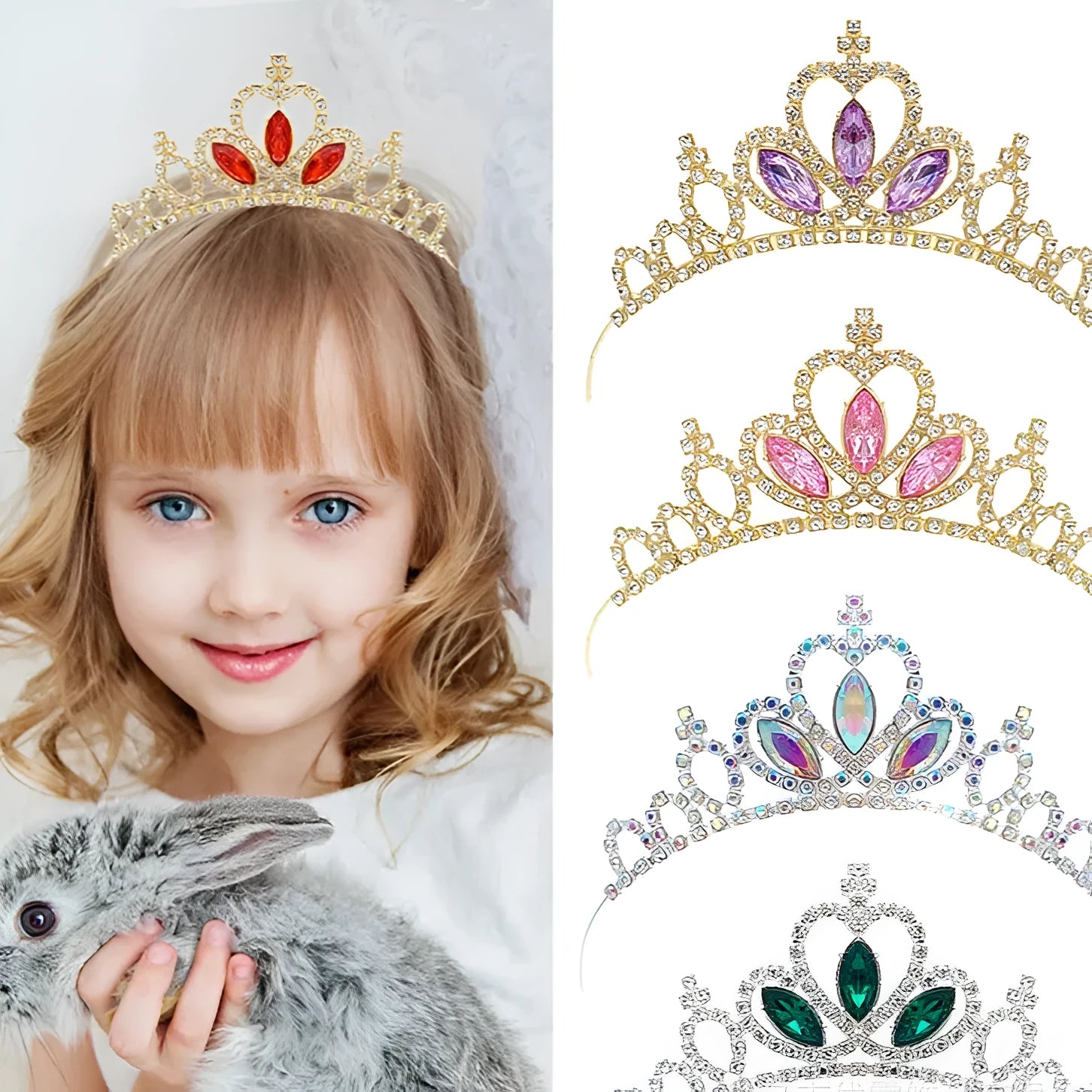 Girl's electroplated alloy princess crown headdress in gold and silver colour variations with gemstone-effect finishes.