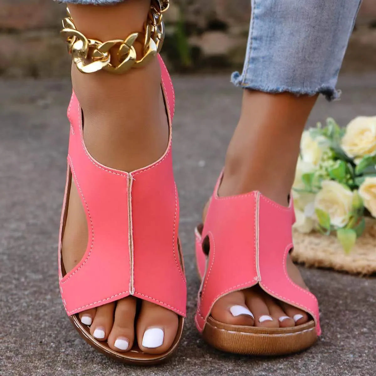 New summer wedges sandals for women with elastic band, fish mouth toe, recycled leather upper, polyurethane sole