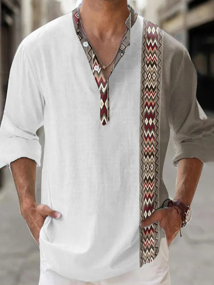 Thin casual digital bamboo linen Hawaiian long sleeve shirt with striped pattern in cardigan style